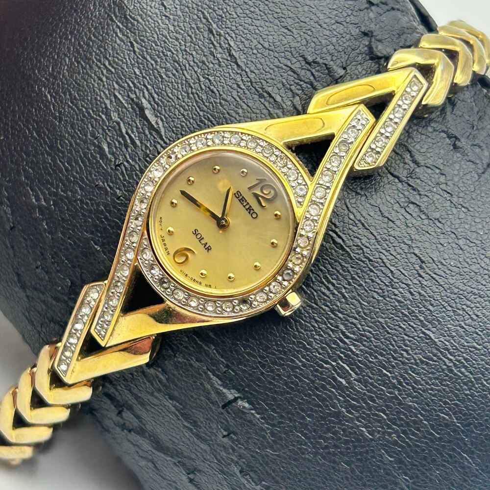 Seiko Gold-tone Crystal Bezel Accents Solar Powered Ladies Watch New Battery